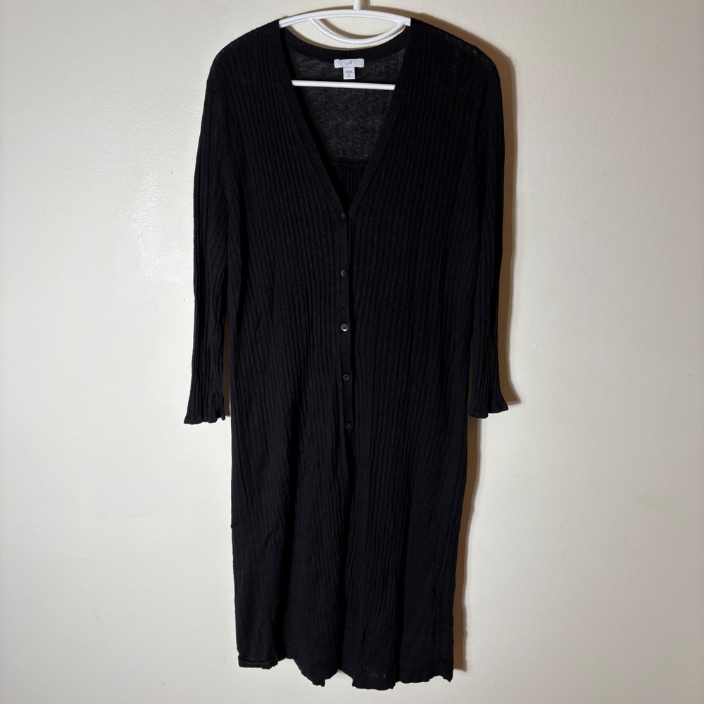 J. Jill Linen Blend Ribbed Long Cardigan Duster Black Size Medium Tall